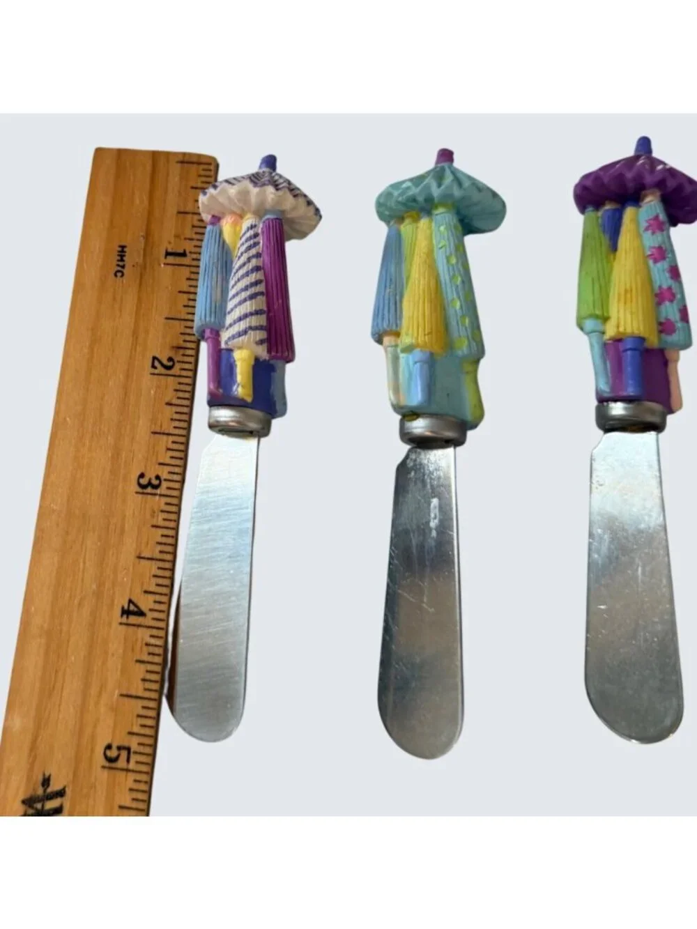 Set of 4 Parasol Umbrella Cheese Spreaders Colorful Resin Handles Stainless